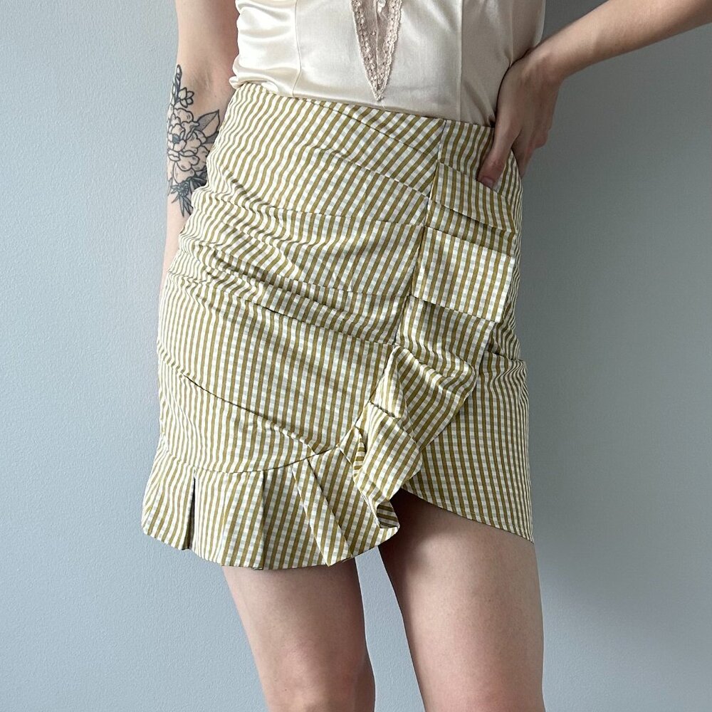 Atoir Olive Green/Mustard Gingham Ruffle Mini Skirt